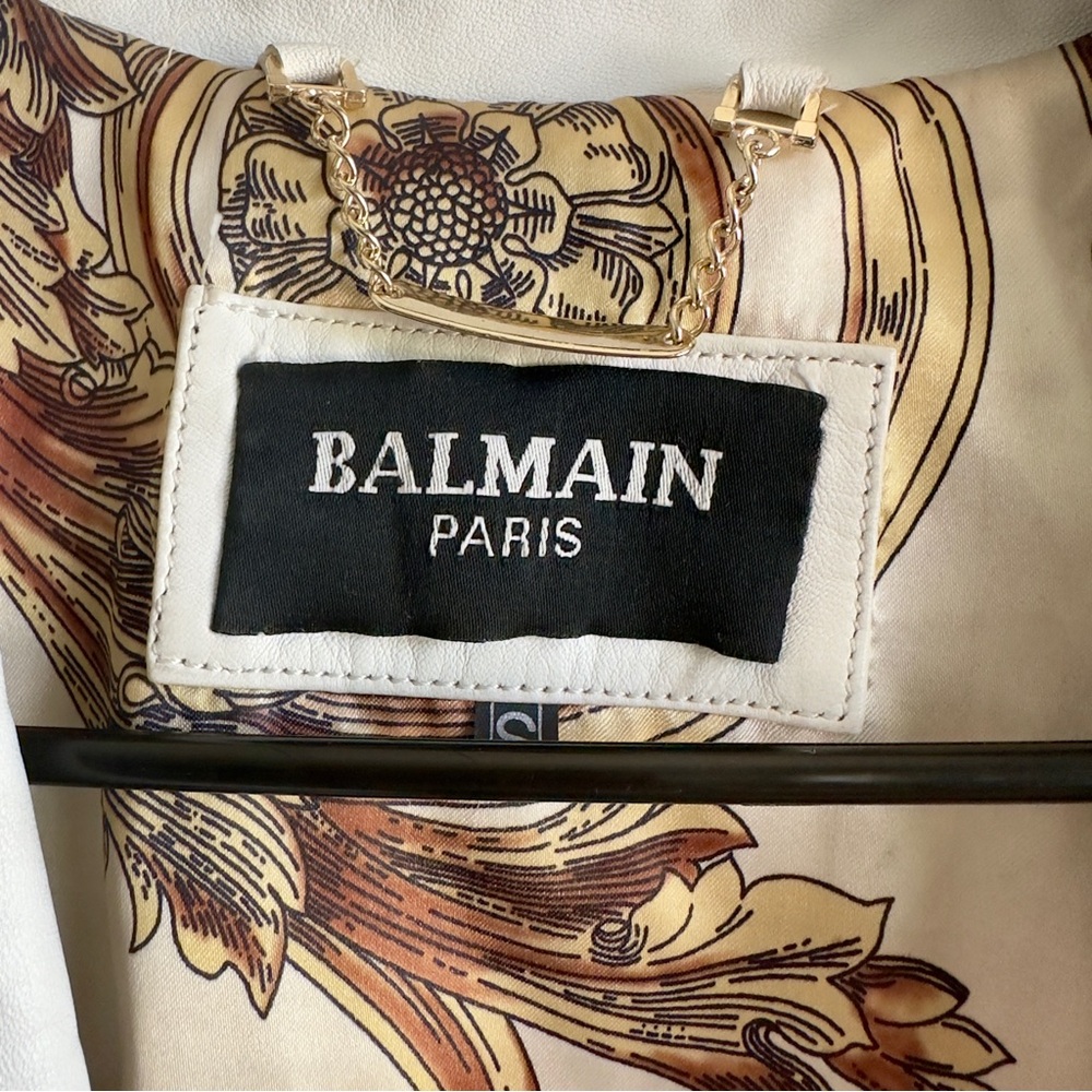 Balmain Paris Leather Jacket White Cropped Moto Gold Buttons Size S - Picture 6 of 11